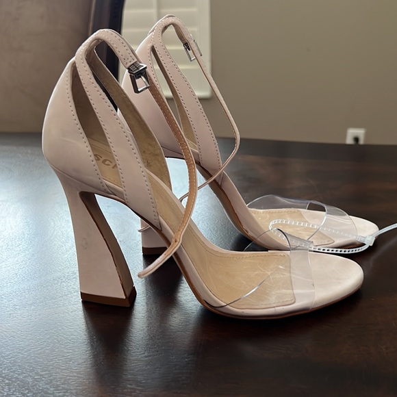 Schutz Kristy Suede Clear Vinyl Ankle Strap Dress Sandals. - Picture 7 of 12